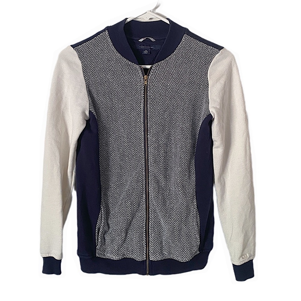 Tommy Hilfiger ATHLUXE Bomber Zip-Up Jacket Knit Texture Blue & White Women’s XS